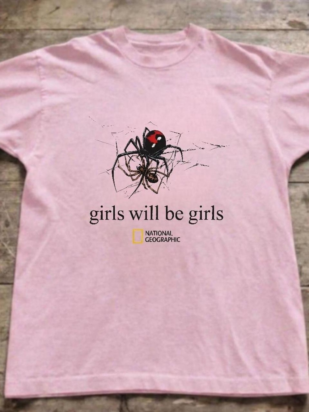 Gildan Pink Short-Sleeve Tee with Spider Graphic and 'girls will be girls' Text